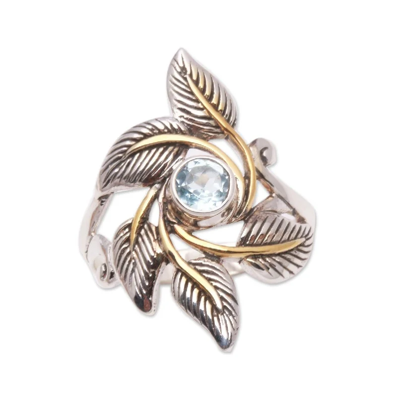 Pearl - Adorned Fashion Rings in Gold - Tone Alloy for a Sophisticated LookNOVICA Wreathed in Leaves, Gold accented blue topaz cocktail ring