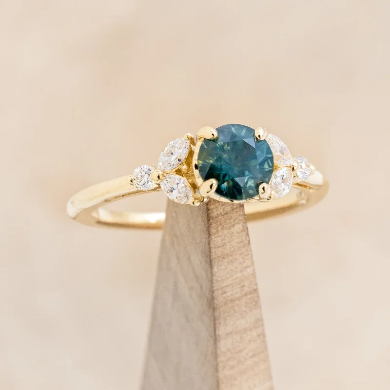 Men's Malachite Engagement Rings in 14K Gold with a Carved Stone Centerpiece"BLOSSOM" - ROUND CUT MONTANA SAPPHIRE ENGAGEMENT RING WITH LEAFCUT DIAMOND ACCENTS