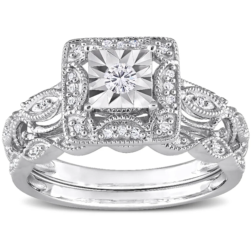 Vintage - Style Women's Diamond Rings with Floral - Engraved Bands and Multiple Diamond AccentsMiadora 1/5ct TDW Diamond Cushion Halo Bridal Ring Set in Sterling Silver