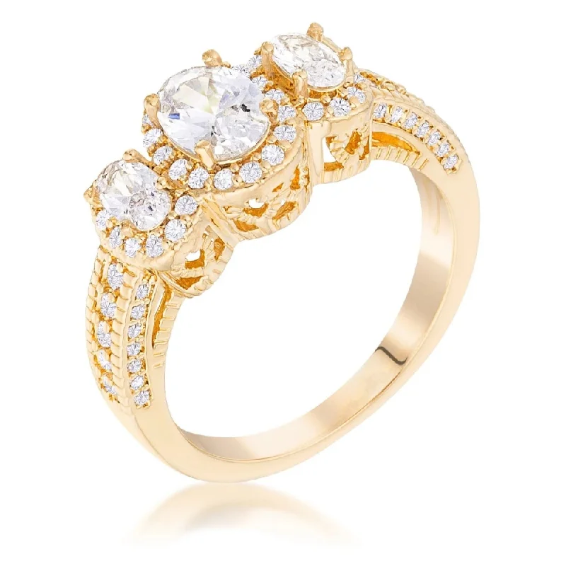 Vintage - Reproduction Fashion Rings in Bronze with Cameo - Style MedallionsGold Plated 3-Stone Clear Oval Cut CZ Halo Ring