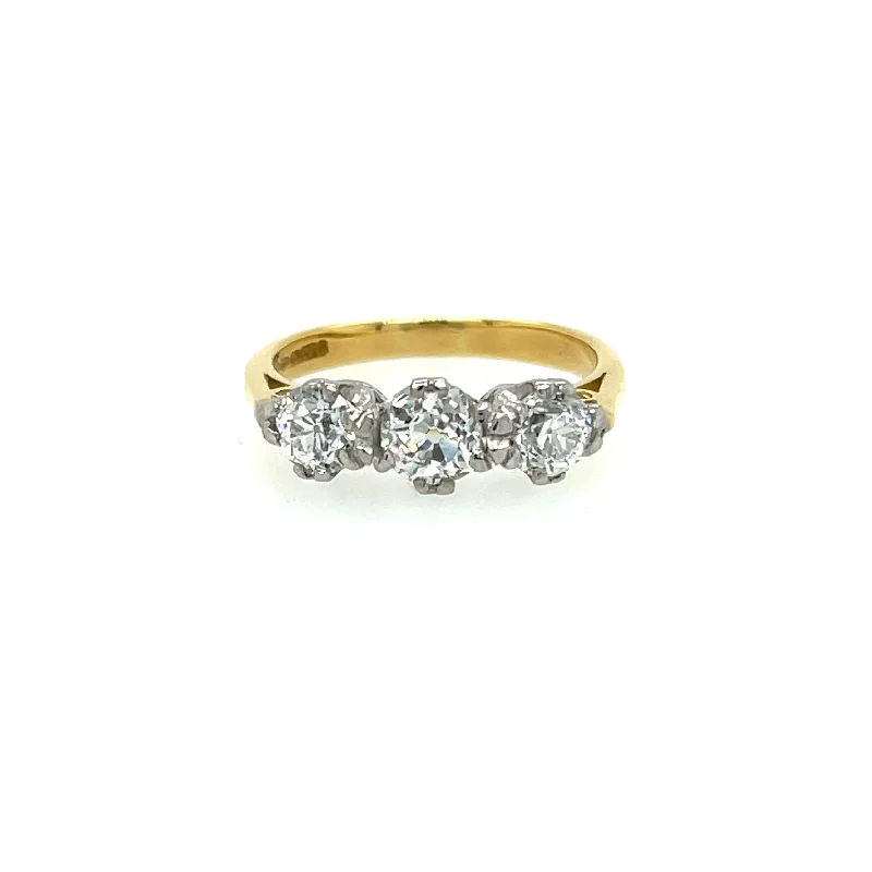 Women's Diamond Rings with Side - Stone Pave Setting for a Sparkling and Continuous Shine18ct Yellow Gold 1.42ct Old Mine Cut Diamond Three Stone Ring