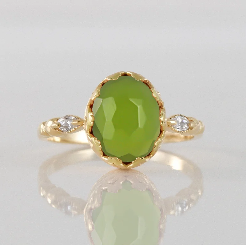 Opal Gemstone Rings in Rose Gold with a Milgrain Edge for a Feminine and Romantic StylePeridot Ring - August Birthstone - Oval Peridot Gemstone Statement Vintage Crown Ring with Clear Quartz Accents