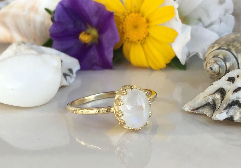 Alexandrite Gemstone Rings in Platinum with a Hidden Halo for a Rare and Luxurious PieceRainbow Moonstone Ring - June Birthstone - Rainbow Moonstone Delicate Hammered Oval Crown Ring