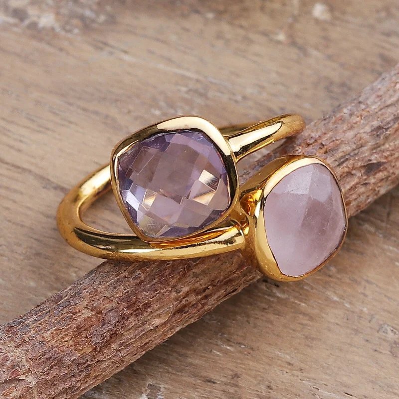 Enamel - Coated Fashion Rings in Bright Colors with Animal - Print PatternsNovica Handmade Duet Of Emotions Gold-Plated Amethyst And Rose Quartz Wrap Ring