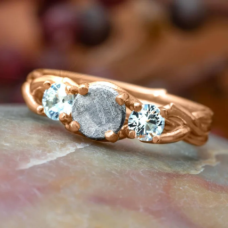 Men's Aquamarine Engagement Rings in 9K Gold with a Bezel - Set StoneThree Stone Rose Gold Engagement Ring with Meteorite Center Stone