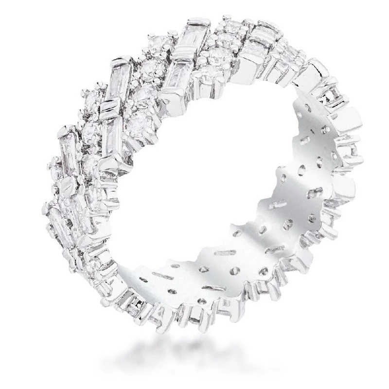 Fashion Rings with Initial Charms in Silver - Plated Metal for a Custom AccessoryRhodium Clear CZ Alternating Baguette Round Eternity Band