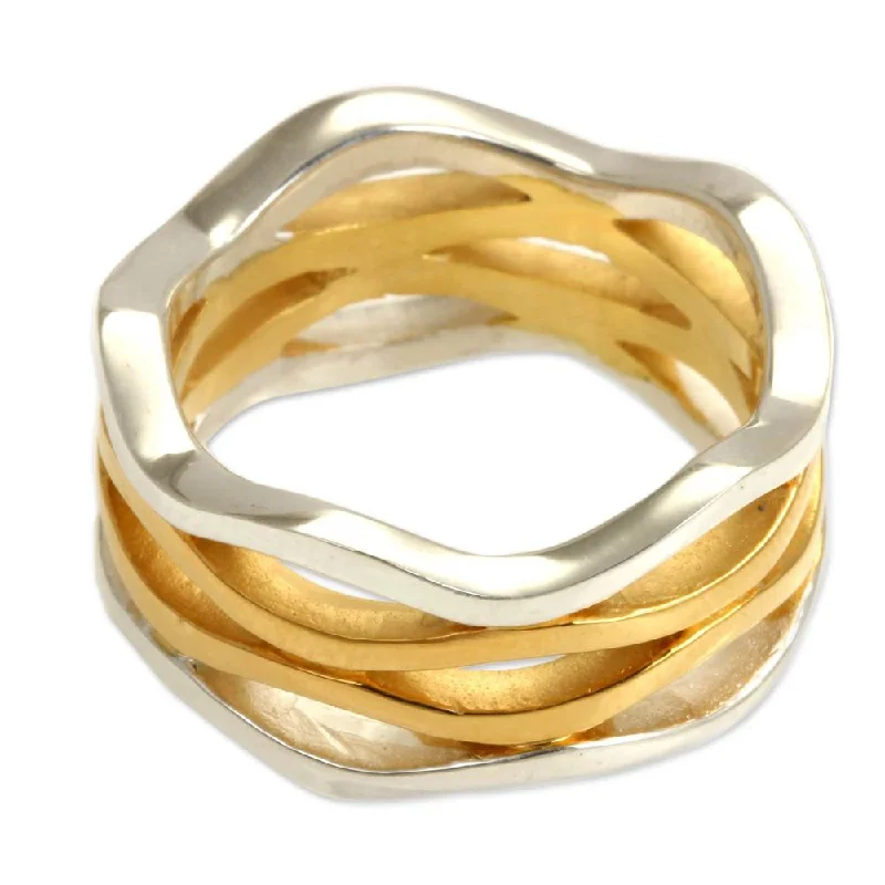 Geometric - Shaped Fashion Rings in Titanium with Iridescent InlaysOcean Waves Modern Elegant 18K Gold Plate and 925 Sterling Silver UniqueStacked Appearance Womens Ba