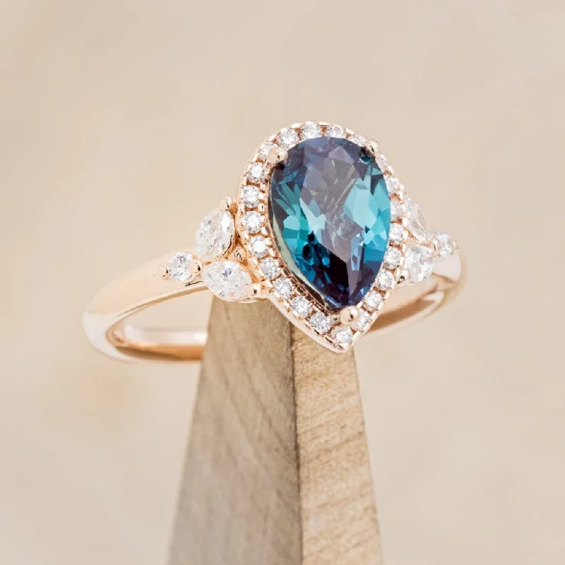 Men's Agate Engagement Rings in Sterling Silver with a Mosaic - Style Inlay"DREAM" - PEAR CUT LAB-GROWN ALEXANDRITE ENGAGEMENT RING WITH DIAMOND HALO & ACCENTS