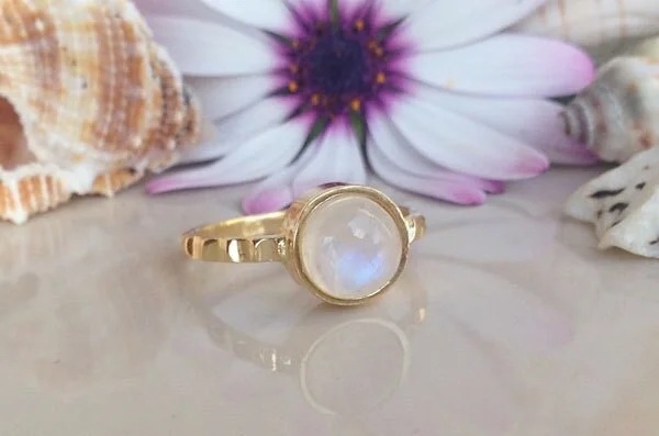 Amethyst Gemstone Rings in Sterling Silver with a Halo of Cubic Zirconia for a Budget - Friendly LuxuryRainbow Moonstone Ring - June Birthstone - Round Rainbow Moonstone Simple Hammered Ring