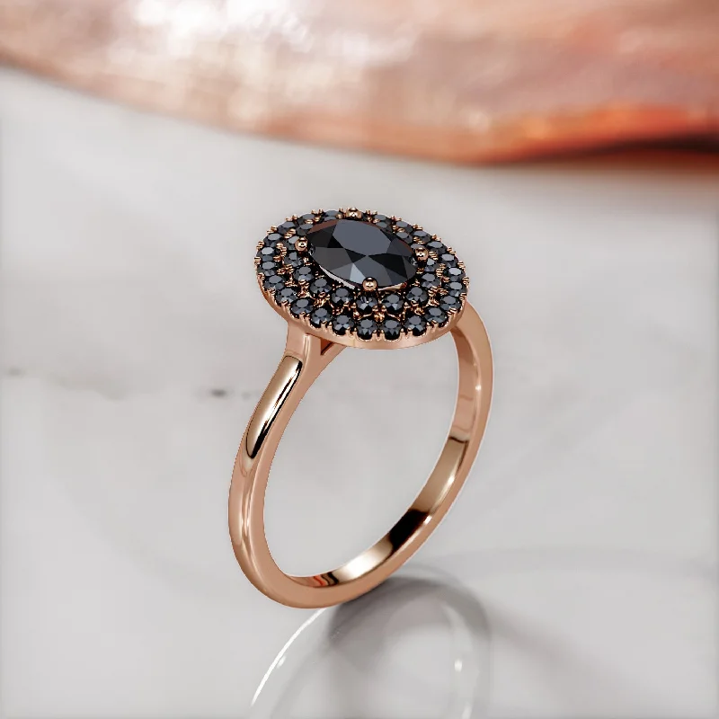 Cushion - Cut Women's Diamond Rings in Platinum with a Soft and Romantic AppearanceCocoon Double Halo Natural Black Diamond Oval Engagement Ring