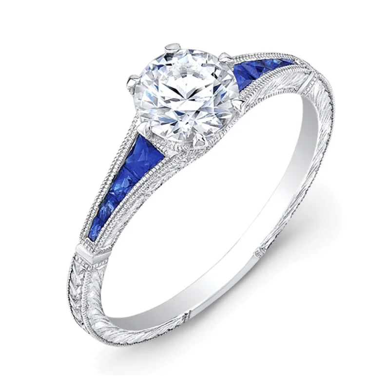 Vintage - Style Women's Diamond Rings with Floral - Engraved Bands and Multiple Diamond Accents14K White Gold .98ctw 6 Prong Diamond & Sapphire Engagement Ring