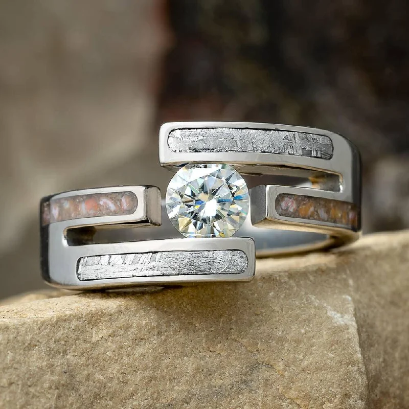 Men's Topaz Engagement Rings in 10K Gold with a Channel - Set Diamond BandTension Set Engagement Ring with Meteorite and Dinosaur Bone