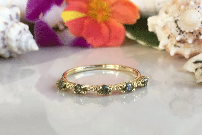 Topaz Gemstone Rings in 10K Gold with a Channel - Set Design for a Contemporary and Durable OptionPeridot Ring - August Birthstone - Stacking Ring with Five Round Peridot Gemstones