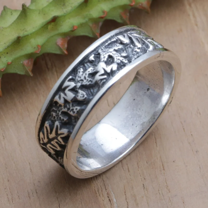 Adjustable Fashion Rings in Leather and Brass with a Tribal - Inspired DesignNovica Handmade Monstera Caresses Sterling Silver Band Ring