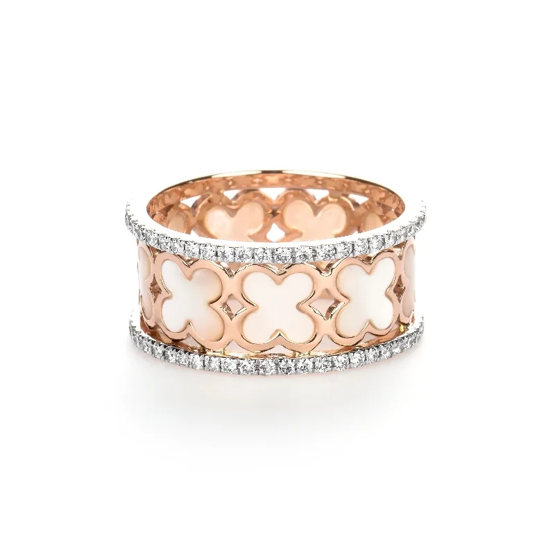 Three - Stone Women's Diamond Rings Symbolizing Past, Present, and Future with Emerald - Cut DiamondsMother of Pearl Clover Diamond Banded Eternity Ring