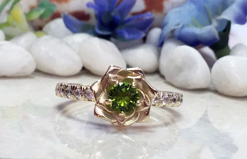 Citrine Gemstone Rings in Stainless Steel with a Stackable Design for a Trendy Everyday WearPeridot Ring - August Birthstone - Camellia Ring with Round Peridot Gemstone and Clear Quartz Accents