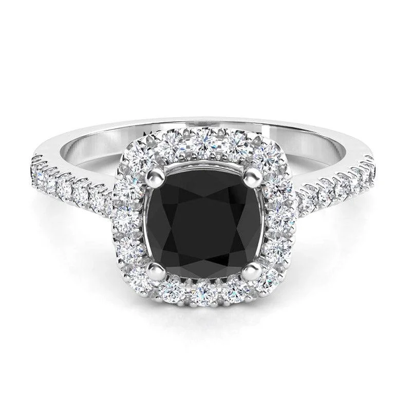 Vintage - Style Women's Diamond Rings with Floral - Engraved Bands and Multiple Diamond AccentsDarcie - Cushion Cut Black Diamond Halo 1.50 tdw