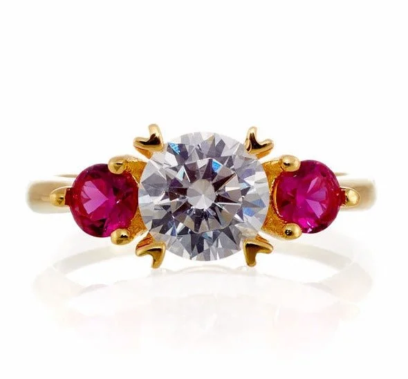 Garnet Gemstone Rings in 18K Gold Vermeil with Intricate Engravings for a Traditional AestheticRound and Ruby Three Stone Cubic Zirconia Engagement Ring - Yellow Gold Plated Sterling Silver