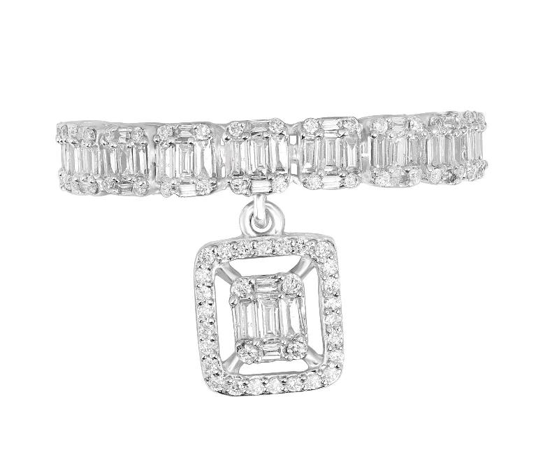 Three - Stone Women's Diamond Rings Symbolizing Past, Present, and Future with Emerald - Cut DiamondsBaguette Diamond Eternity Band & Diamond Drop Charm 18k