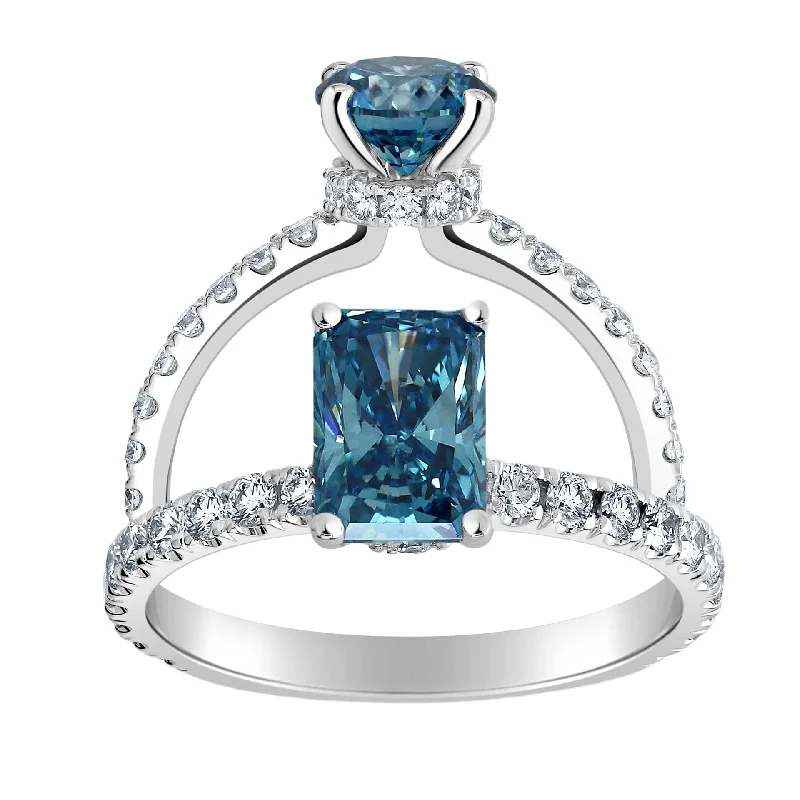 Men's Agate Engagement Rings in Sterling Silver with a Mosaic - Style Inlay1.47ctw Lab Grown Emerald Cut Blue Diamond Ribbon Halo Engagement Ring