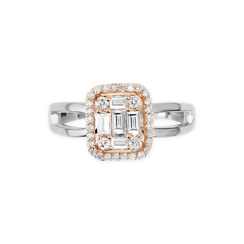 Princess - Cut Women's Diamond Rings in White Gold with a High - Clarity Diamond for a Modern LookDiamond Baguette Illusion Ring with Halo 18k Two-Tone White and