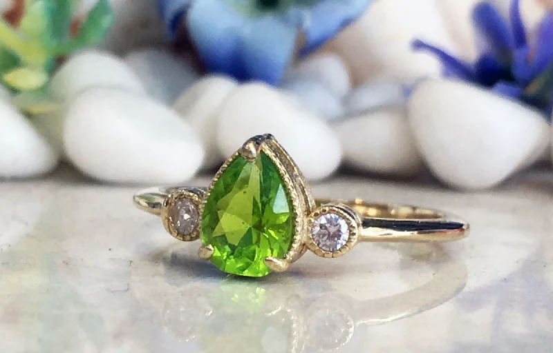 Agate Gemstone Rings in Sterling Silver with a Mosaic - Inspired Inlay for a Bohemian StylePeridot Ring - August Birthstone - Delicate Ring with Pear-Shaped Peridot Gemstone and Clear Quartz Accents