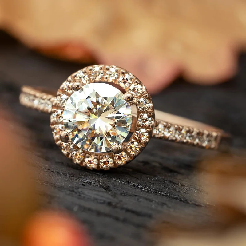 Men's Peridot Engagement Rings in 14K Gold - Filled Metal with a Micro - Pave SettingCharles & Colvard Moissanite Halo Engagement Ring in Rose Gold