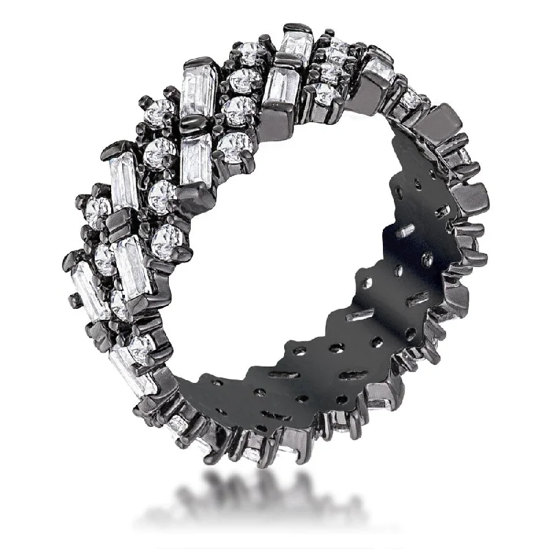 Rhinestone - Embellished Fashion Rings in Silver - Tone Metal for a Glamorous TouchHematite Clear CZ Alternating Baguette Round Eternity Band