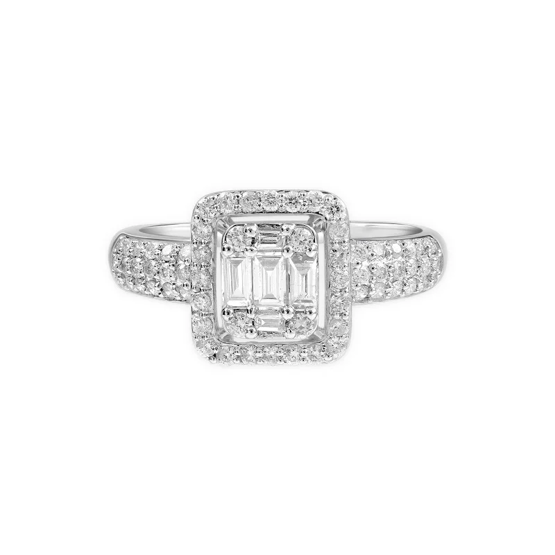 Cathedral - Style Women's Diamond Rings with a Raised Center Setting and Elaborate MetalworkDiamond Baguette with Halo Ring 18k