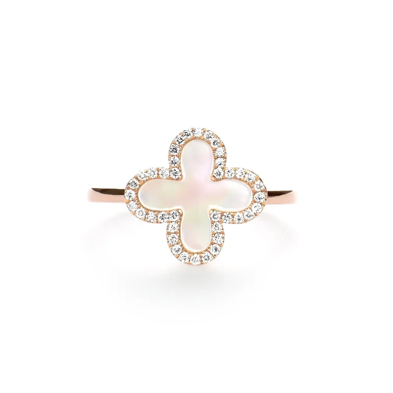 Signature - Design Women's Diamond Rings with a Brand - Specific Pattern and High - Quality DiamondsMother of Pearl Clover with Diamond Halo Ring