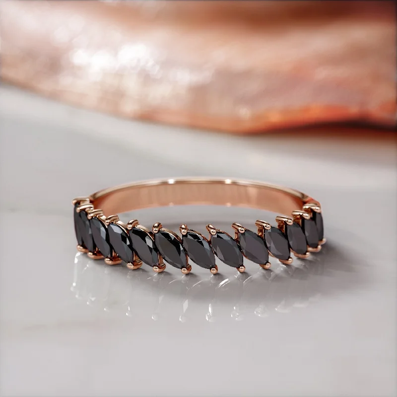 Marquise - Cut Women's Diamond Rings in Palladium for a Unique and Elongated ShapeSelvina - Oriented Natural Black Diamond Wedding Band in Rose Gold