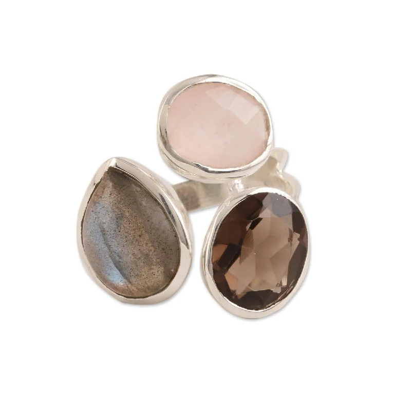 Bangle - Style Fashion Rings in Rose - Gold - Plated Aluminum with Etched PatternsNOVICA Joyful Trio, Multi-gemstone cocktail ring