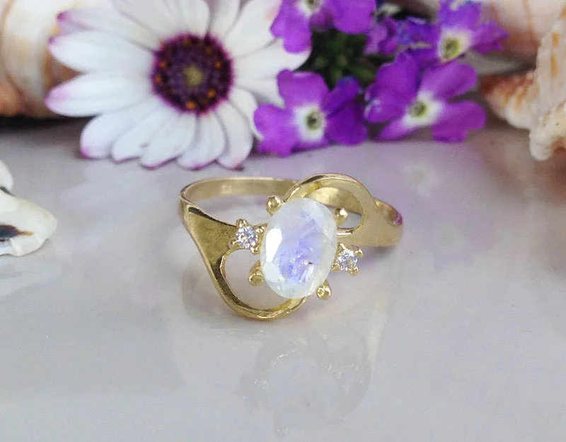 Topaz Gemstone Rings in 10K Gold with a Channel - Set Design for a Contemporary and Durable OptionRainbow Moonstone Ring - Gold Ring - Simple Ring - Gemstone Ring - Stacking Ring - June Birthstone - Dainty Ring - Prong Ring - Oval Ring