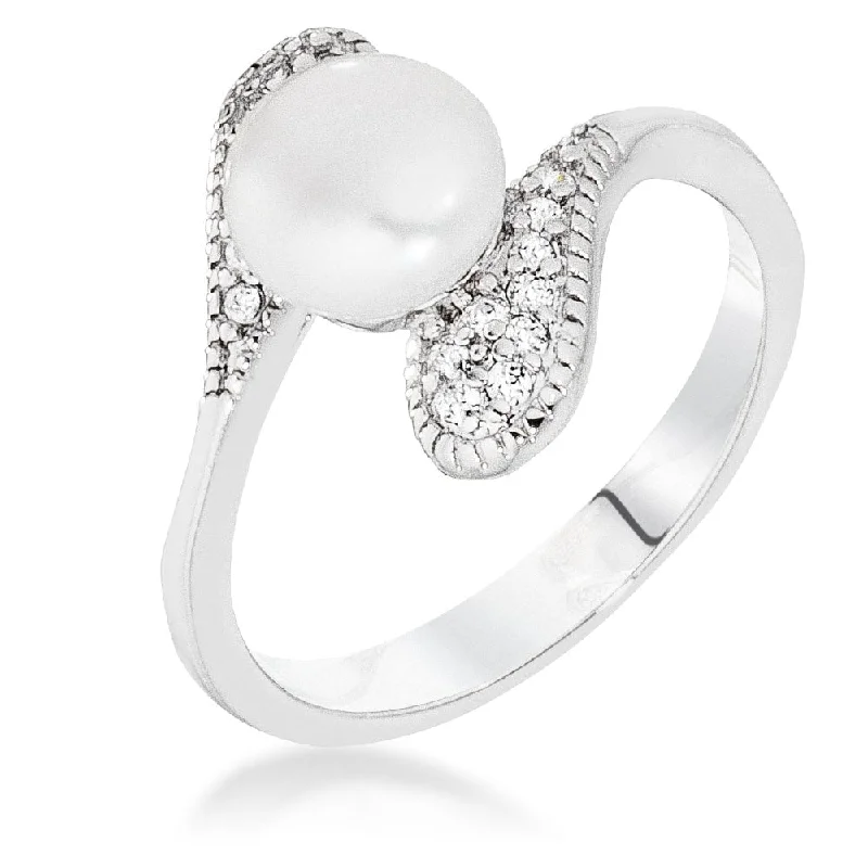 Open - Band Fashion Rings in Sterling Silver with Gemstone InlaysRhodium Pearl Interlocked Double Teardrop Ring