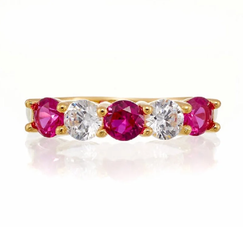 Topaz Gemstone Rings in 10K Gold with a Channel - Set Design for a Contemporary and Durable OptionRound and Ruby Red Cubic Zirconia 5 Stone Anniversary Band - Yellow Gold Plated Sterling Silver