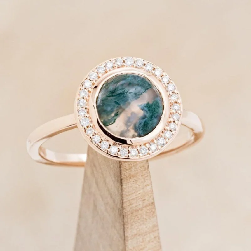 Men's Turquoise Engagement Rings in 925 Silver with a Southwestern - Inspired Band"TERRA" - ROUND CABOCHON CUT MOSS AGATE ENGAGEMENT RING WITH DIAMOND HALO