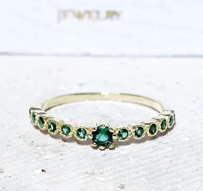 Iolite Gemstone Rings in 10K Gold with a Twisted Band for a Distinctive and Stylish AccessoryEmerald Ring - May Birthstone Jewelry - Delicate Stacking Half Eternity Ring with Thirteen Round Emerald Gemstones