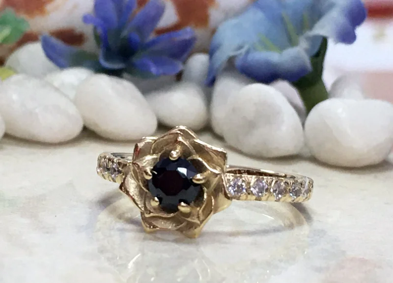 Garnet Gemstone Rings in 18K Gold Vermeil with Intricate Engravings for a Traditional AestheticBlack Onyx Ring - December Birthstone - Camellia Ring with Round Black Onyx Gemstone and Clear Quartz Accents