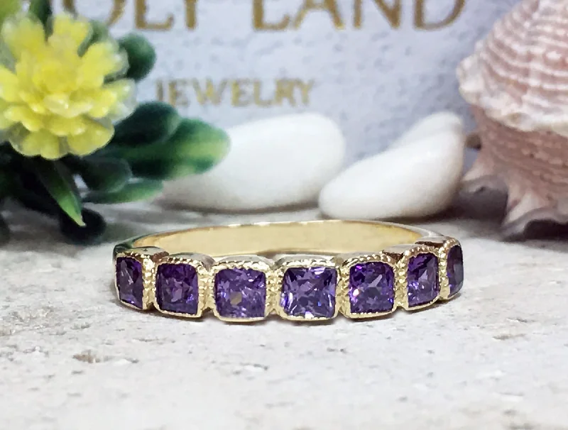 Garnet Gemstone Rings in 18K Gold Vermeil with Intricate Engravings for a Traditional AestheticPurple Amethyst Ring - February Birthstone - Seven Square Purple Amethyst Gemstones Stacking Ring