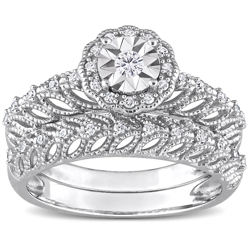 Art Deco - Inspired Women's Diamond Rings with Geometric Designs and Baguette - Cut DiamondsMiadora 1/4ct TDW Diamond Floral Bridal Ring Set in Sterling Silver