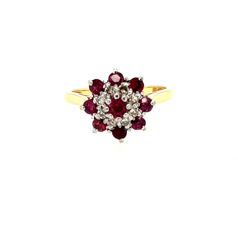 Women's Diamond Rings with Side - Stone Pave Setting for a Sparkling and Continuous Shine18ct Yellow Gold Ruby & Diamond Cluster Ring London 1973