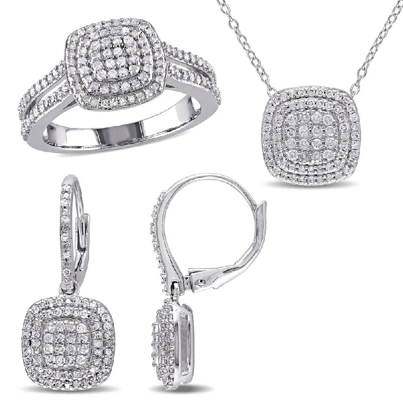 Three - Stone Women's Diamond Rings Symbolizing Past, Present, and Future with Emerald - Cut DiamondsMiadora Sterling Silver 1 1/2ct TDW Diamond Clustered Halo Jewelry Set