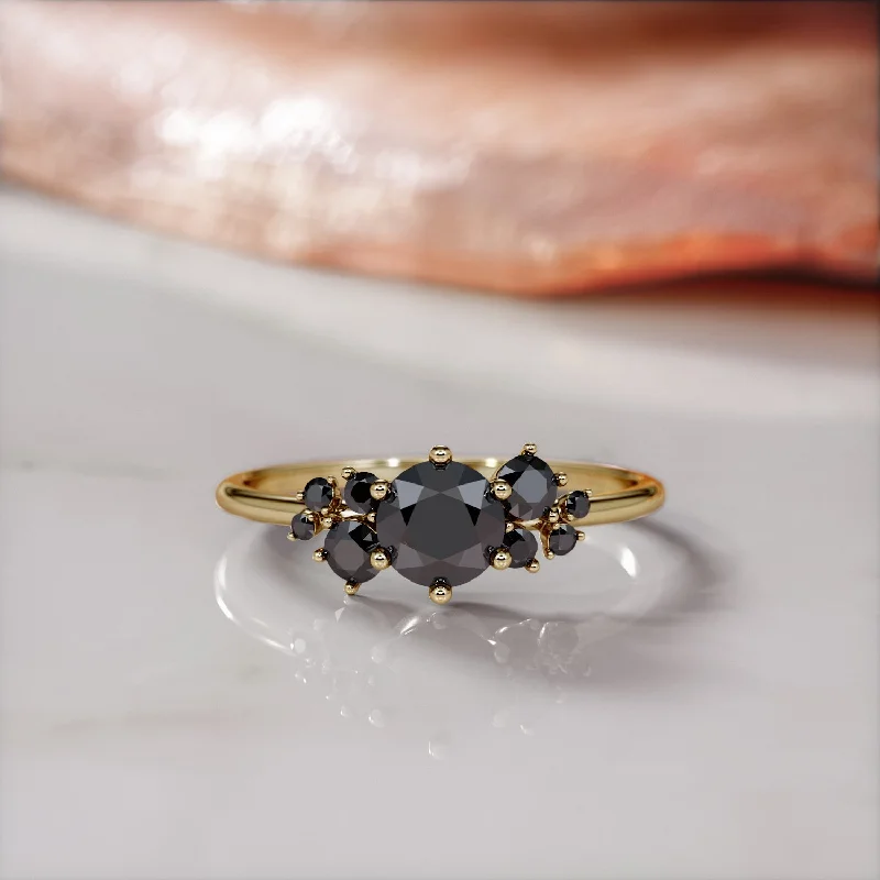 Pear - Shaped Women's Diamond Rings in Yellow Gold with a Single - Diamond Pendant LookAlma Negra Cluster Natural Black Diamond Round Engagement Ring