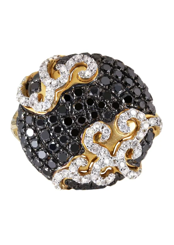 Vintage - Style Women's Diamond Rings with Floral - Engraved Bands and Multiple Diamond Accents14K Ladies Black Diamond Cocktail Ring | 2.12 Carats | 7 Grams