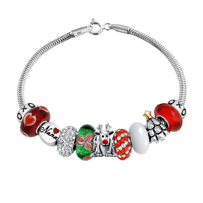 Handmade Chamm BraceletsChristmas Rudolph Reindeer Nana Charm Bracelet with European Beads Sterling Silver