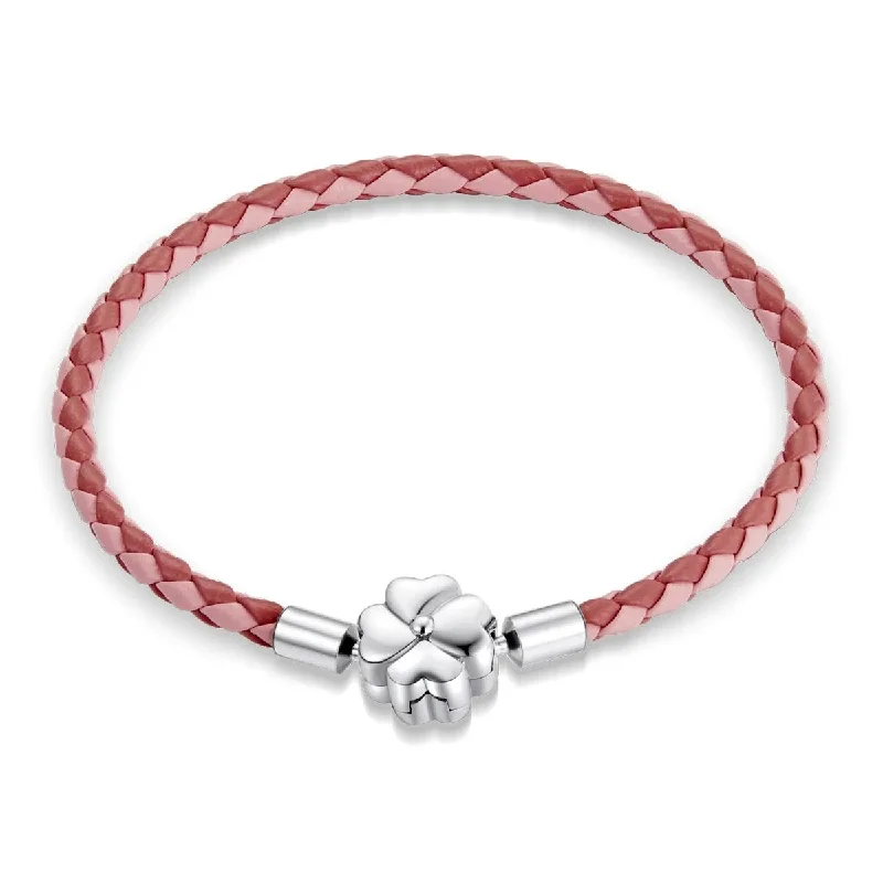 Chamm Bracelets for festivalsClover Clasp Pink Single Leather Charm Bracelet