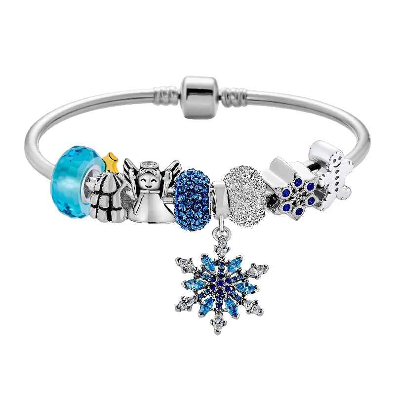 Chamm Bracelets for meditationElegant Blue Ice Snowflake Charm Bracelet with Crystal Beads and Silver Clasp