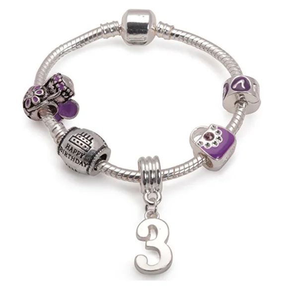 Chamm Bracelets for festivalsChildren's Purple 'Happy 3rd Birthday' Silver Plated Charm Bead Bracelet