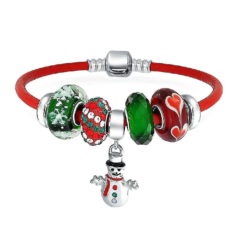 Chamm Bracelets with unique designsChristmas Snowman Charm Bracelet Red Leather with Sterling Silver Clasp