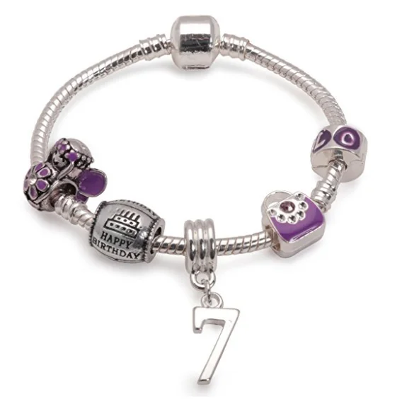 Handmade Chamm BraceletsChildren's Purple 'Happy 7th Birthday' Silver Plated Charm Bead Bracelet